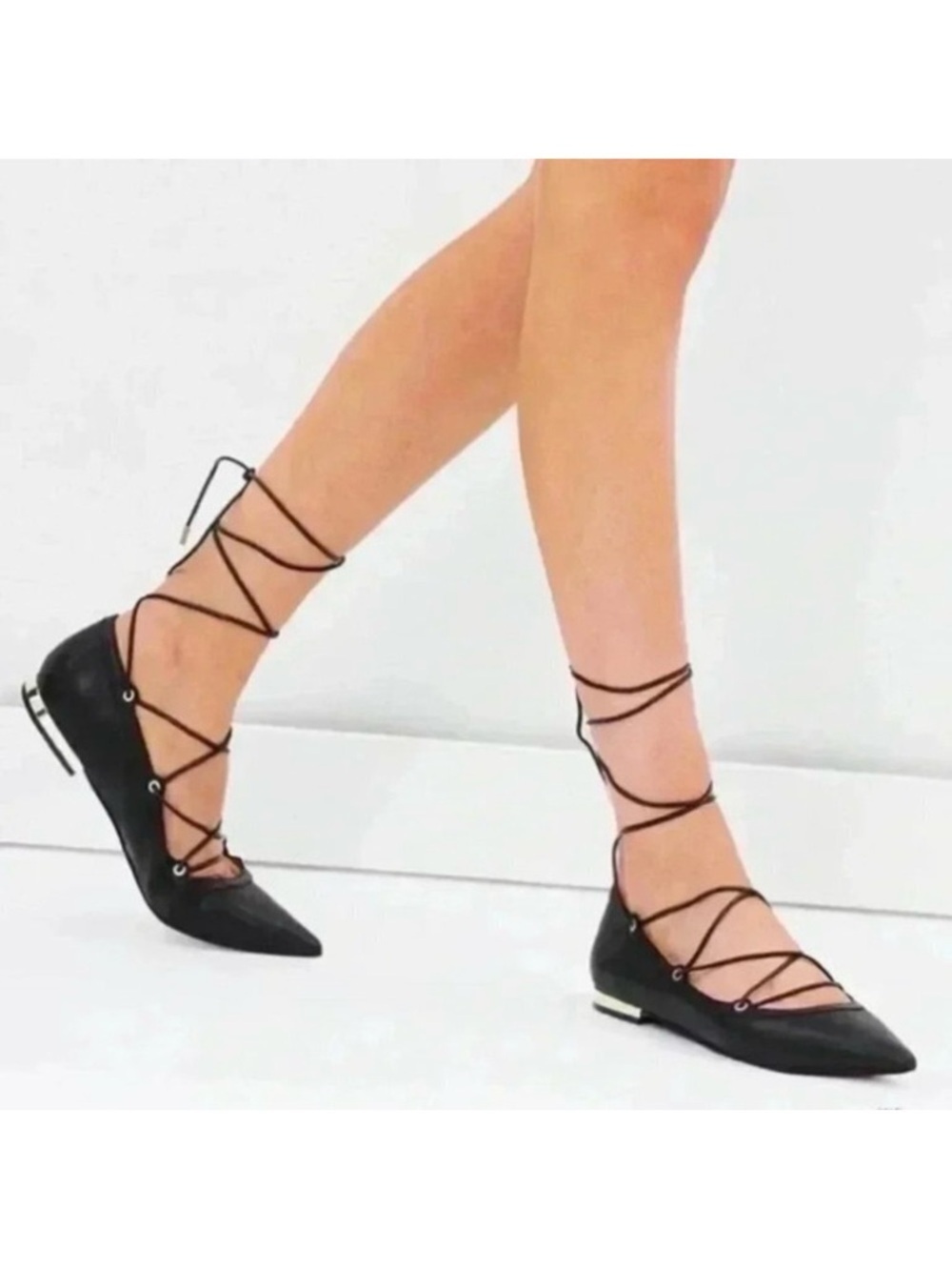 Aldo Alize Black Leather Ballet Flats Pointy Toe Lace Up Ankle Ties Size 7.5